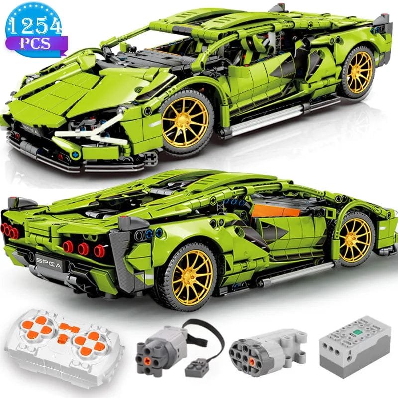 Tech Building Blocks RC Static Racing Car construction toy set in green for model building, STEM play, and display.
