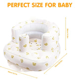 Baby seat with teddy bear pattern and measurements on a white background