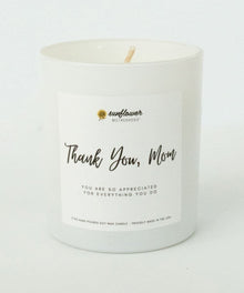 Thank You Mom Candle white candle with printed message for Mothers Day gifting, home fragrance, and cosy relaxation.