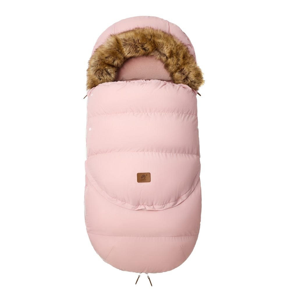 Pink thick padded winter stroller footmuff with fur trim, keeping baby girls warm on pram rides and outdoor errands.
