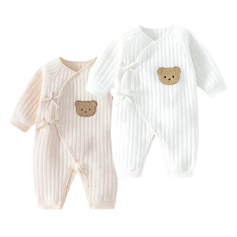 Thickened Cotton Bodysuit bear face baby rompers in two colours for 0-6M daily wear and spring autumn dressing.