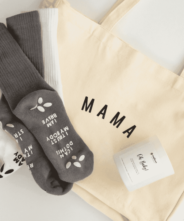 Third Trimester Bundle maternity gift set with MAMA tote bag and cosy socks for late pregnancy comfort and hospital bag prep.