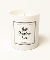 White candle labeled 'Best Grandma Ever'.