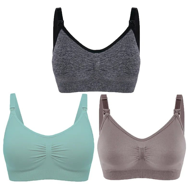 3pc Maternity Nursing Bra Set, Gray soft stretch design, for back-to-work pumping sessions.