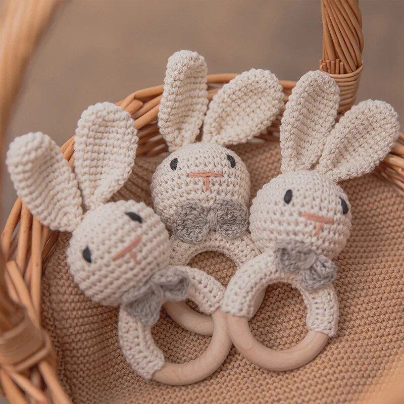 Crochet Animal Wooden Teether rattles in three animal designs for teething comfort and early sensory discovery.