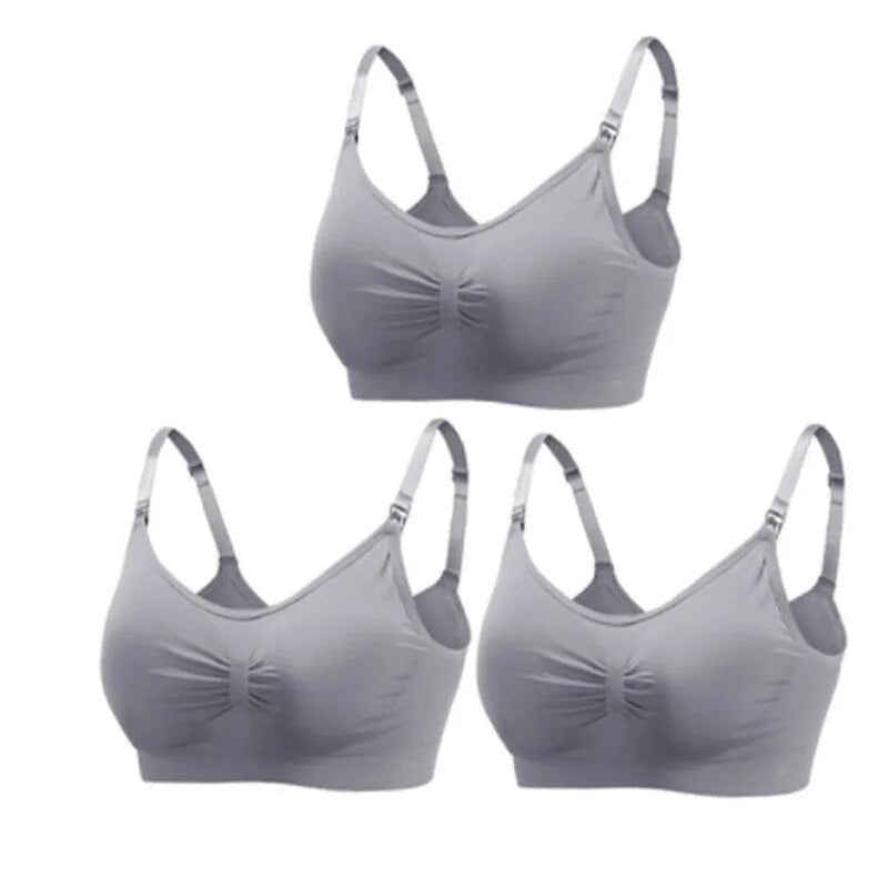 3pc Maternity Nursing Bra Set, Gray soft stretch design, for postpartum nursing and breastfeeding support.
