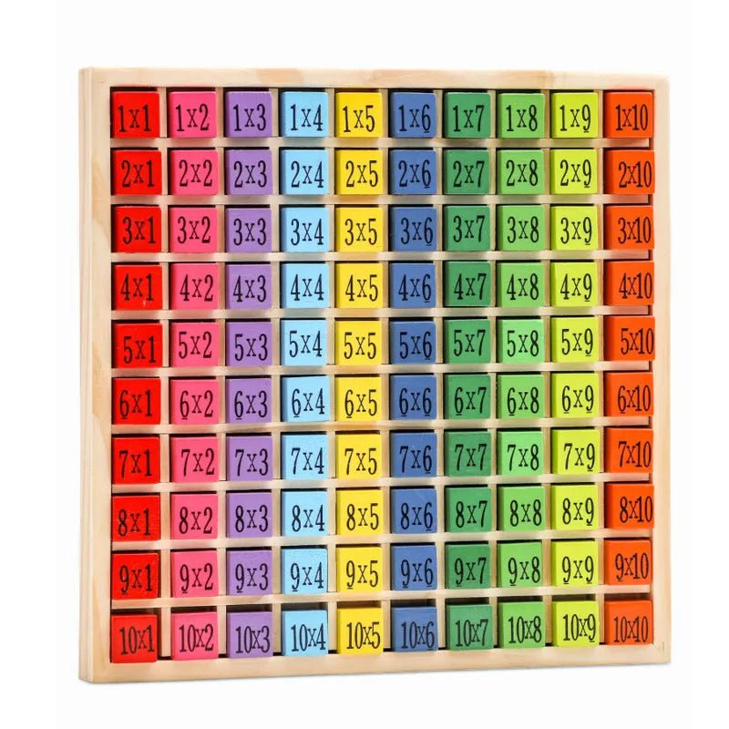 Montessori wooden times table board with pegs for children practicing multiplication through tactile play.