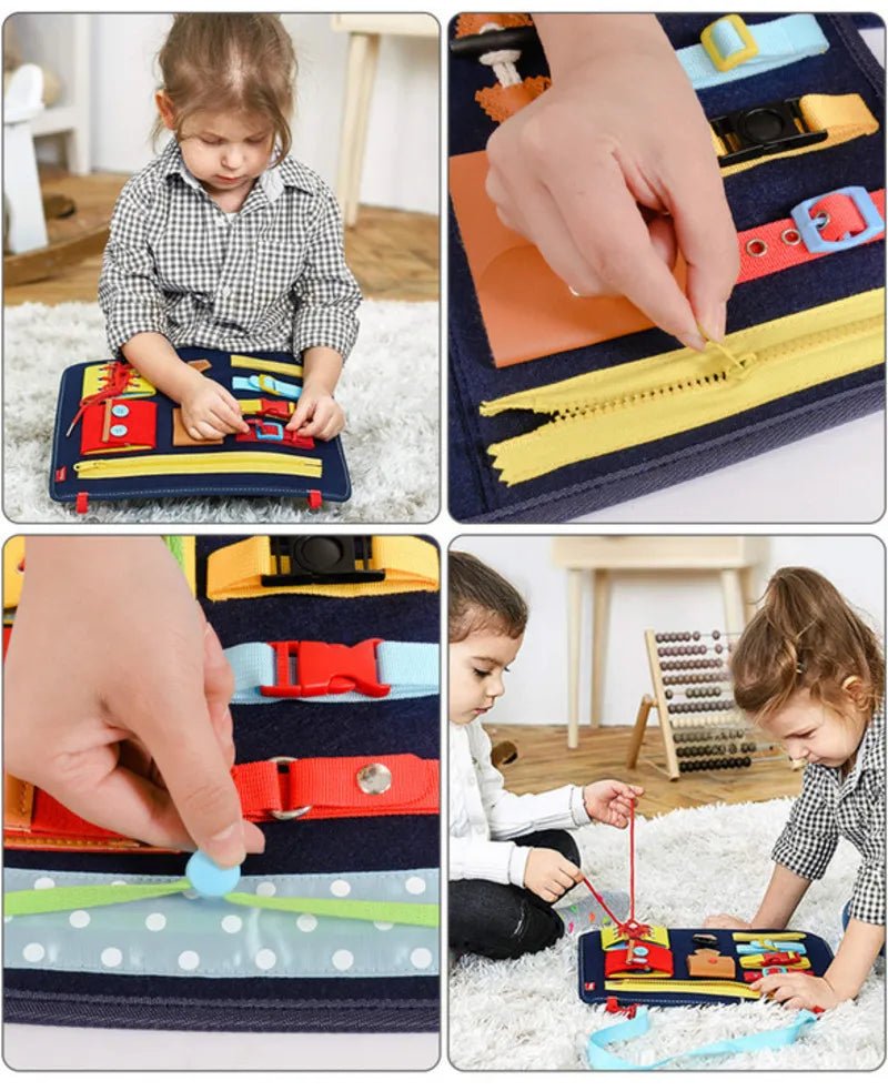 Collage of toddlers using the Montessori Busy Board sensory activity toy for everyday skill-building play.
