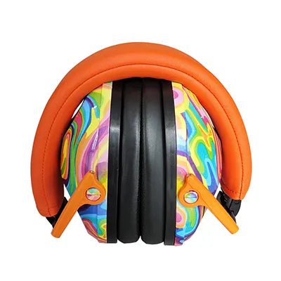 Colorful ear protectors with orange headband