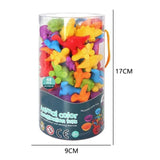 Colorful animal-shaped toys in a cylindrical packaging with dimensions indicated.