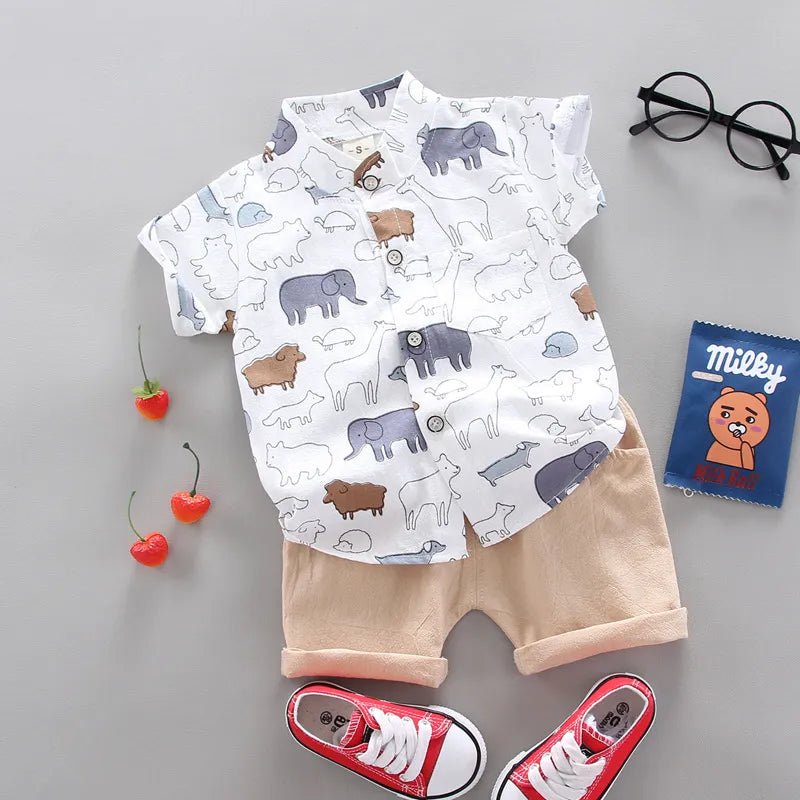 Children's outfit with a white shirt and yellow shorts, red sneakers, and a small bag.