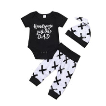 Black and white three-piece toddler boy clothing set for nursery days and warm-weather outings.