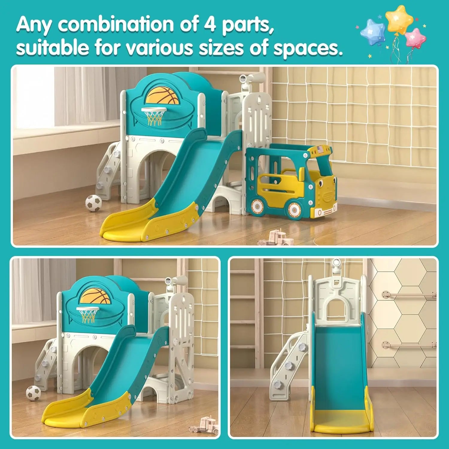 Toddler bus slide and climber playset with a toy truck set up in a playroom for imaginative active play.
