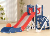 Children's playset with red and blue slides and golf-like equipment on a light wooden floor.