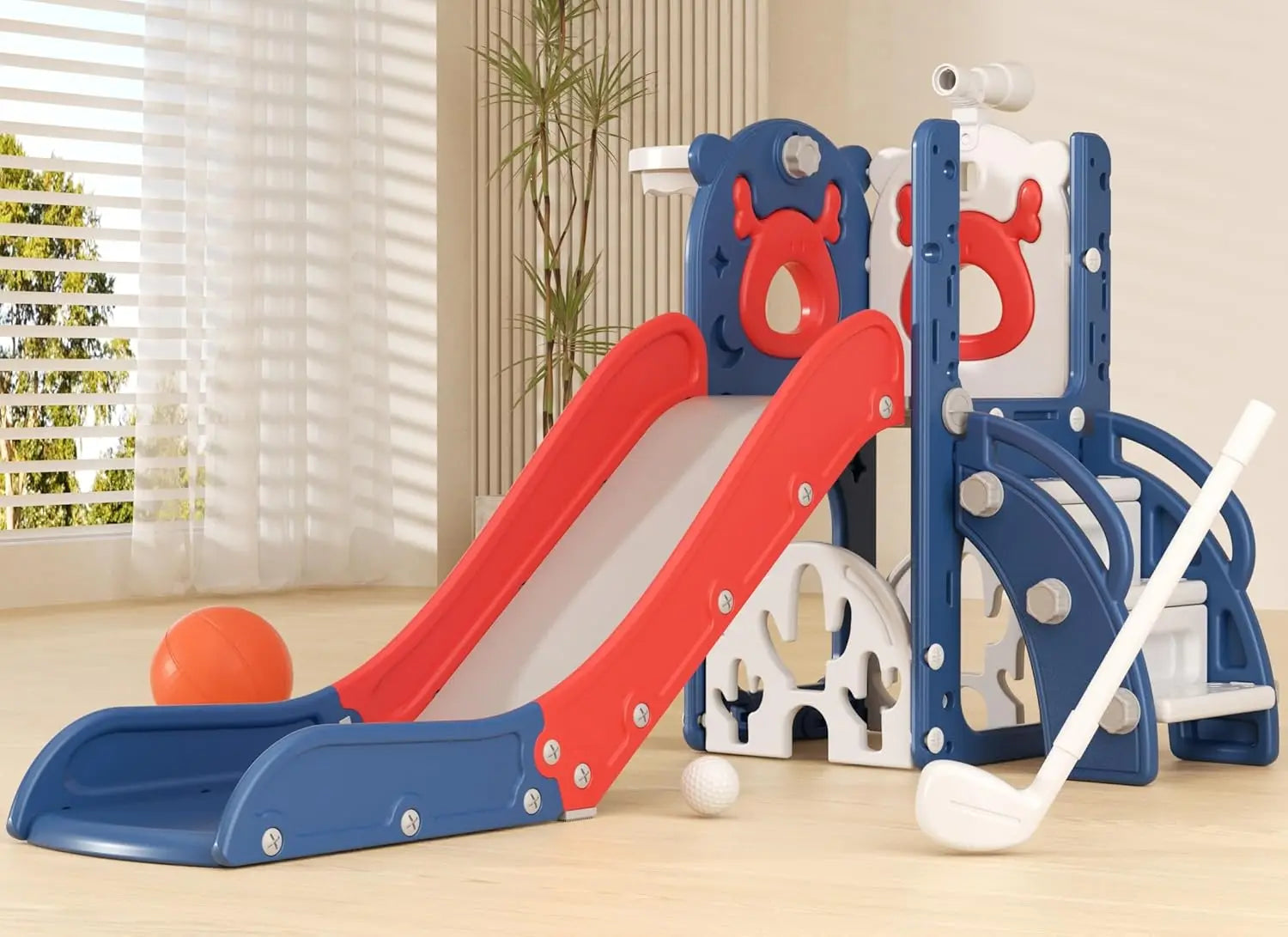 Children's playset with red and blue slides and golf-like equipment on a light wooden floor.