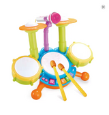 Colorful toy drum set with microphones.
