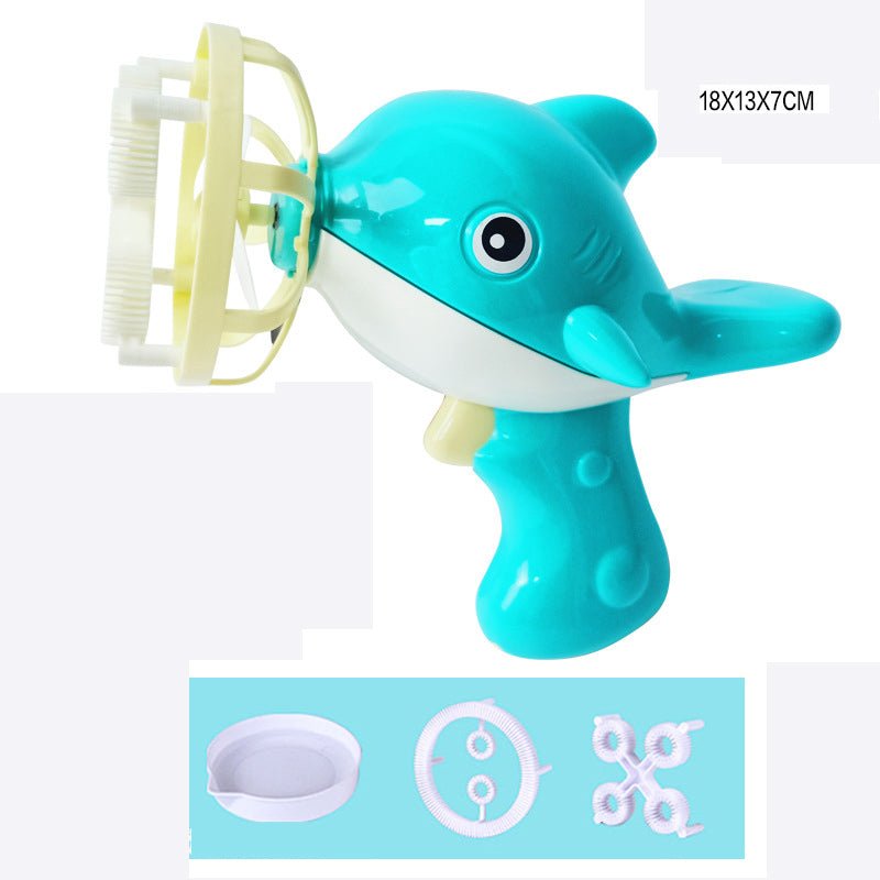 Blue shark-shaped bubble machine with a white handle.