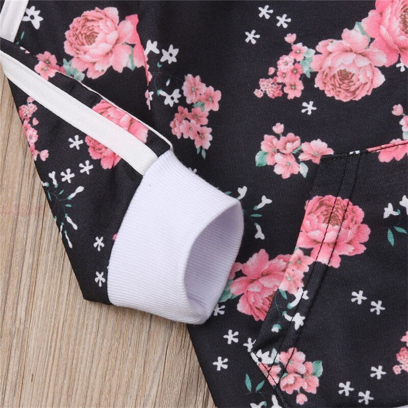 Toddler girl flower print sweatshirt set in soft fabric for cosy daily wear, park visits, and playdates.