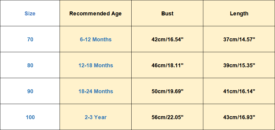 Size chart for the toddler girls tulle patchwork dress with cm and inch measurements to help parents pick a fit.