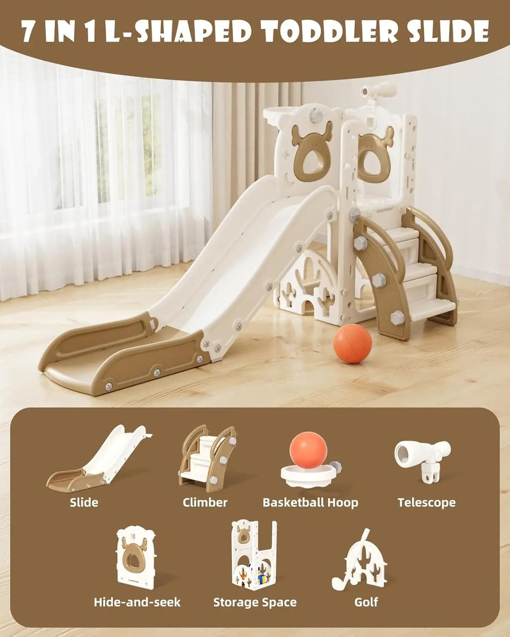 7-in-1 L-shaped toddler slide with various play features on a wooden floor.