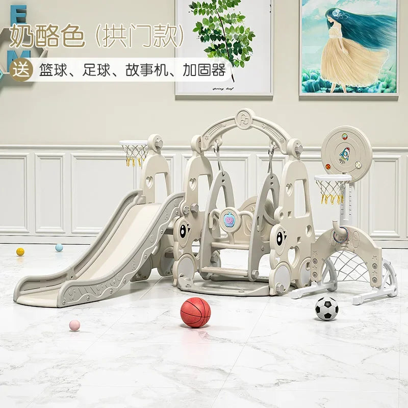 Children's playset with slide and climbing structure on a white floor, featuring sports balls.