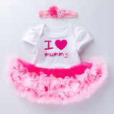 Baby outfit with pink tutu, white onesie with 'I ❤️ mummy' text, and matching headband