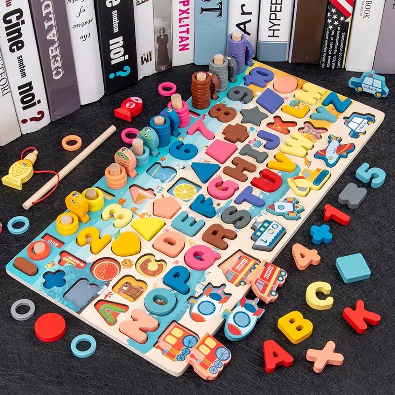 Montessori wooden math puzzle for toddlers with numbers and letters for early hands-on counting practice.