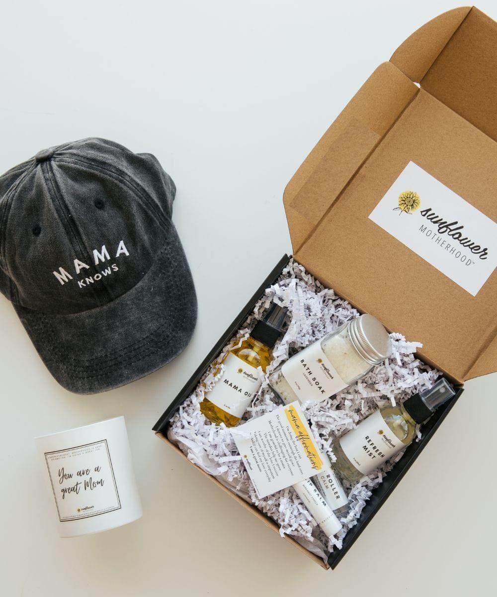 Toddler Mom Bundle gift box with skincare products and a cap for new mum self-care, pampering, and thoughtful gifting.