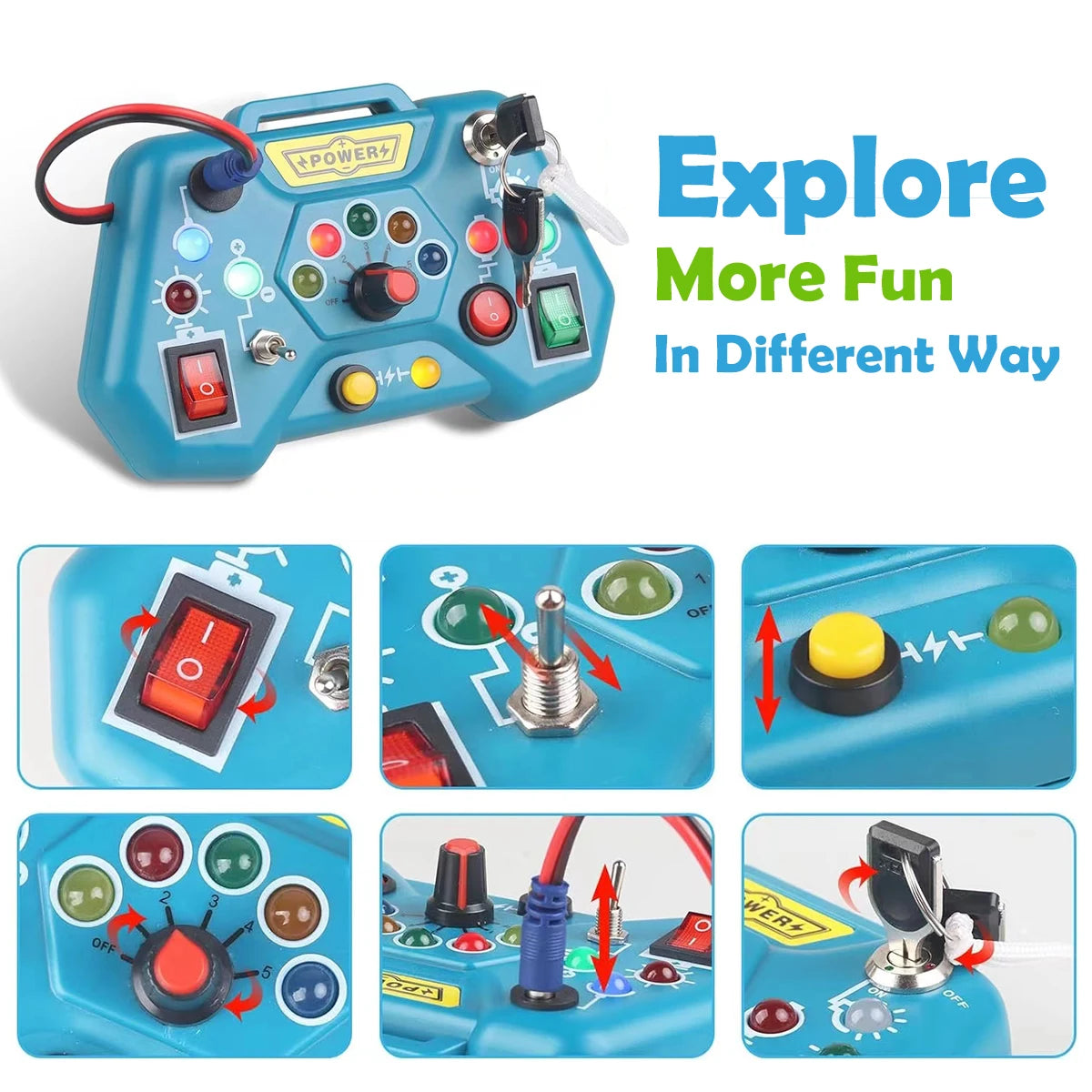 Toy control panel with various switches and buttons.