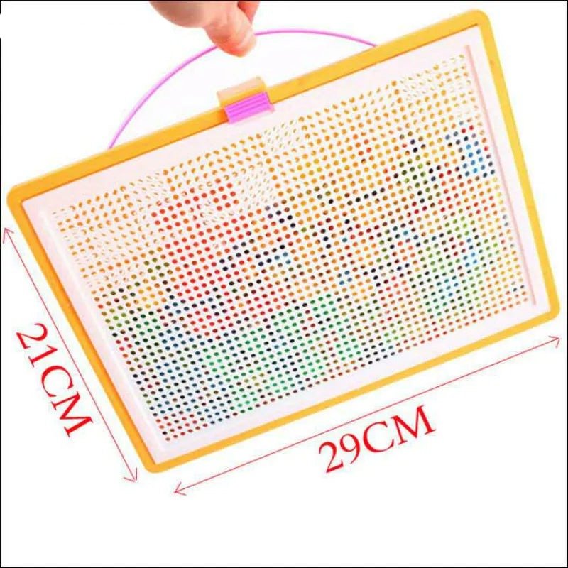 Colorful grid board with dimensions labeled.