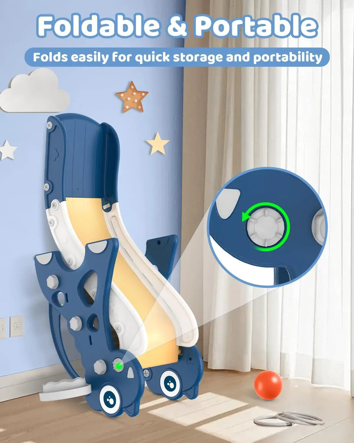 Foldable and portable children's slide with storage feature illustration