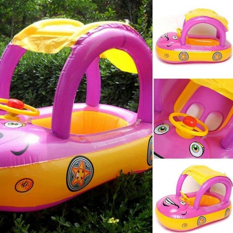 Toddler pool float shaped like a car in pink and yellow with sun canopy for imaginative play during swim time.