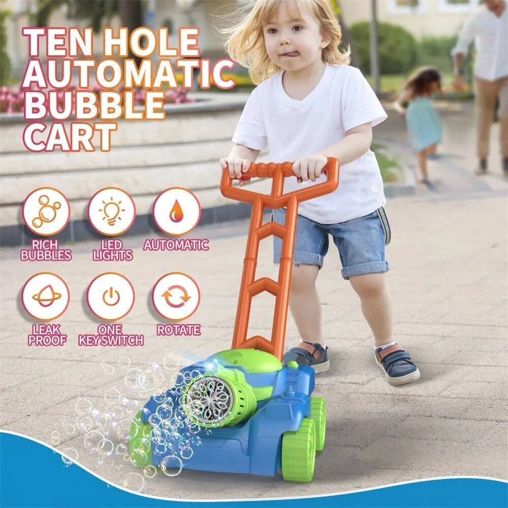 Automatic lawn mower bubble blower pushed by a toddler for backyard walks and active outdoor play.
