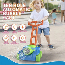 Automatic lawn mower bubble blower pushed by a toddler for backyard walks and active outdoor play.