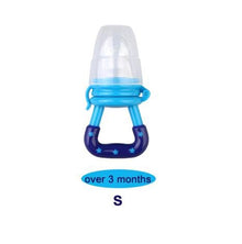 Blue and clear baby bottle with text indicating age suitability.