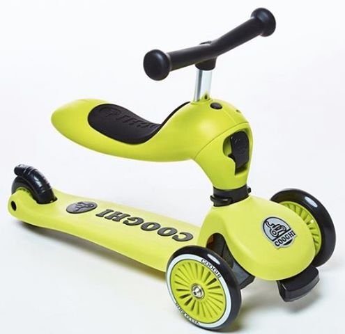 Yellow scooter with black handlebar.