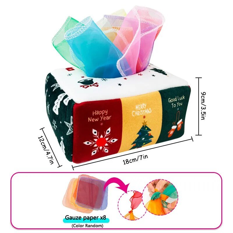 Christmas-themed tissue box cover with colorful gauze paper.