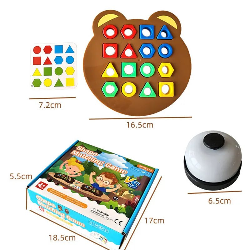 Educational toy set with shape matching game, box, and bell.