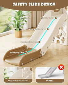 Children's slide with labeled safety zones and product details on a wooden floor.