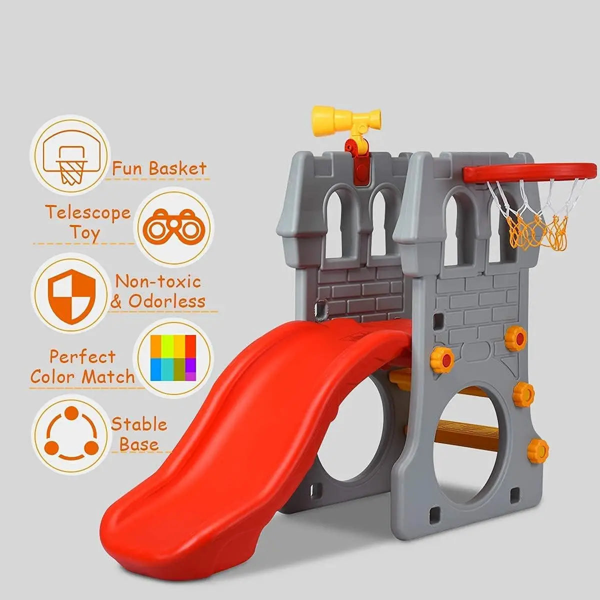 Toddler Slide and Climber playset with red slide and grey tower for hoop and tunnel play.