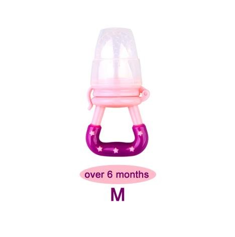 Pink and purple baby pacifier with 'over 6 months' text 