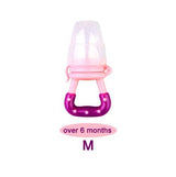 Pink and purple baby pacifier with 'over 6 months' text 