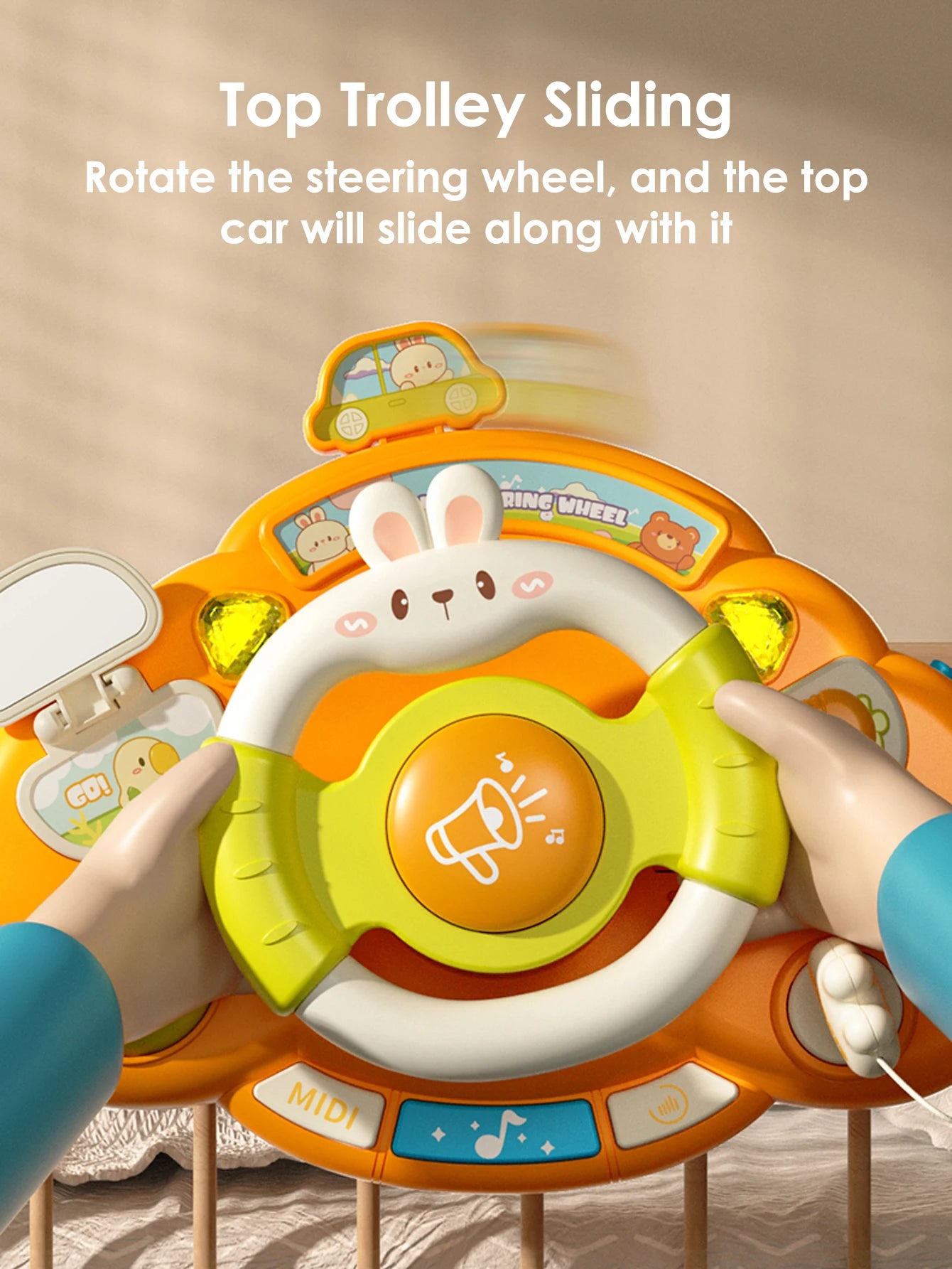 Toddler steering wheel toy with interactive car features for pretend driving during stroller rides.