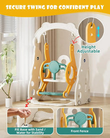 Height adjustable toddler swing with sand or water fill base and front safety fence for stable backyard play.