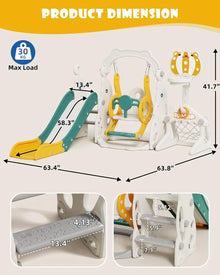 Dimensions and measurements of the 6-in-1 toddler slide and swing playset for planning indoor or outdoor placement.
