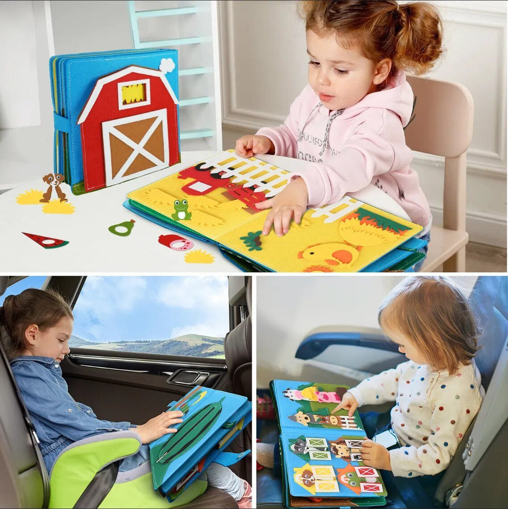 Collage of a toddler using the Farm Animal Storytelling Busy Board Montessori sensory toy in daily play.