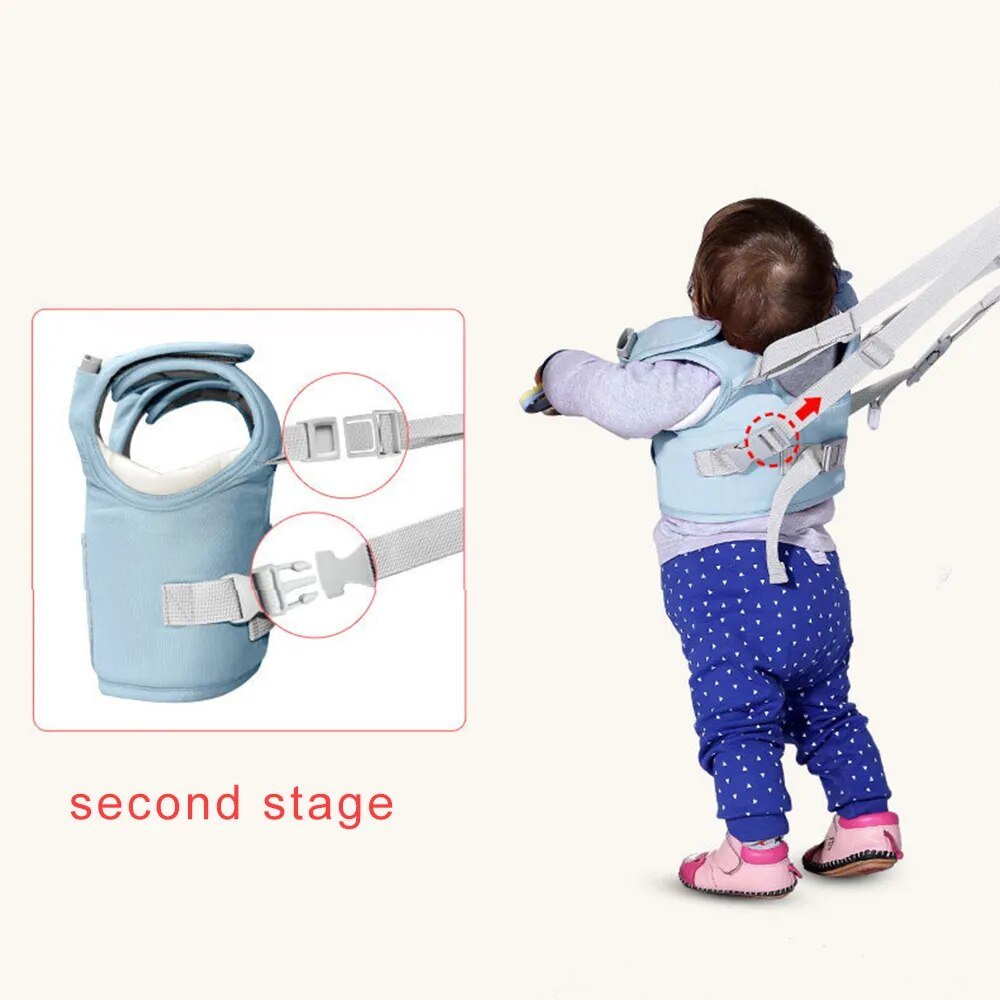 Child using a baby walking harness with close-up details