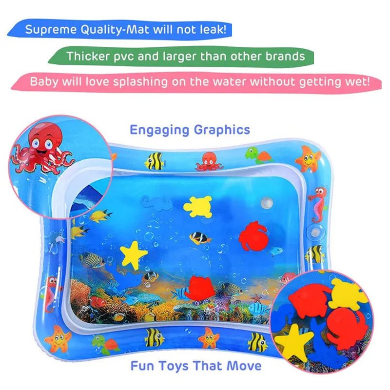 Toddler Water Play Mat with ocean graphics tummy time pad for crawling practice and backyard play.