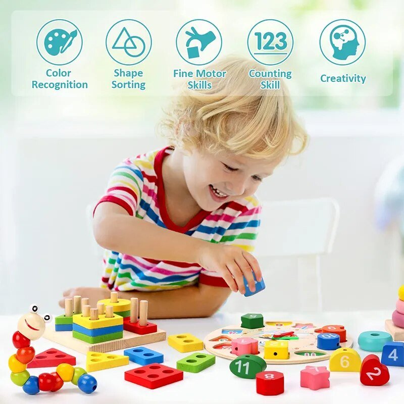 Toddler playing with a Montessori wooden shape puzzle toy for colorful hands-on learning sessions.