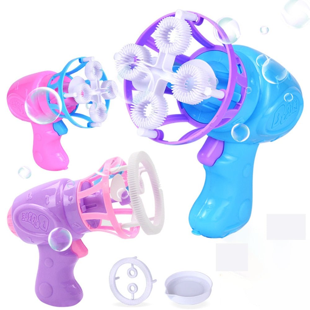 Two bubble guns, one pink and one blue, with bubbles around them.
